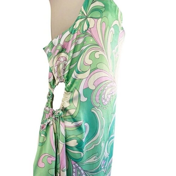 Christian Lacroix Woman's Sz L Green Pink Paisley Satin Keyhole Side Dress - Picture 4 of 11